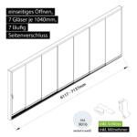 Glasschiebesystem 6117-7137mm 7x1040mm 7 spurig mit Mitnehmer und Schloss verkehrsweiß