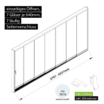 Glasschiebesystem 3797-4337mm 7x640mm 7 spurig mit Mitnehmer und Schloss verkehrsweiß