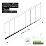 Glasschiebesystem 5769-6717mm 7x980mm 7 spurig mit Mitnehmer und Schloss verkehrsweiß